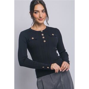 1144 • Black Long Sleeve Viscose Blend Knit Top w/Gold Buttons